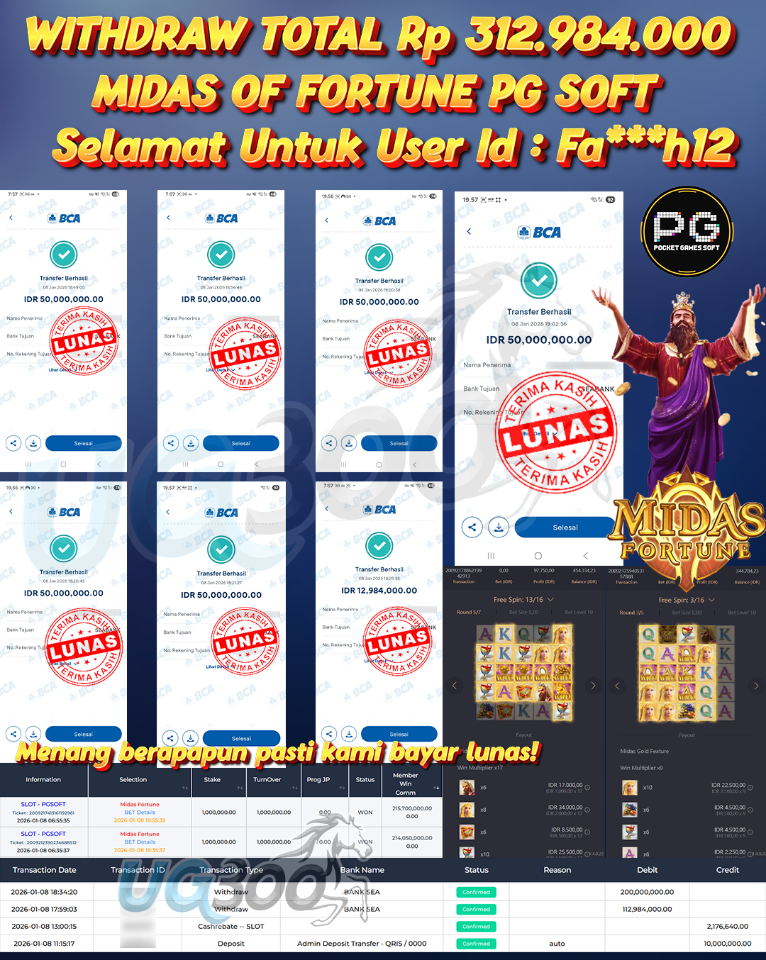 UG300 BERMAIN DI MIDAS FORTUNE PG SOFT JACKPOT Rp.312,984,000- DI BAYAR TUNTAS